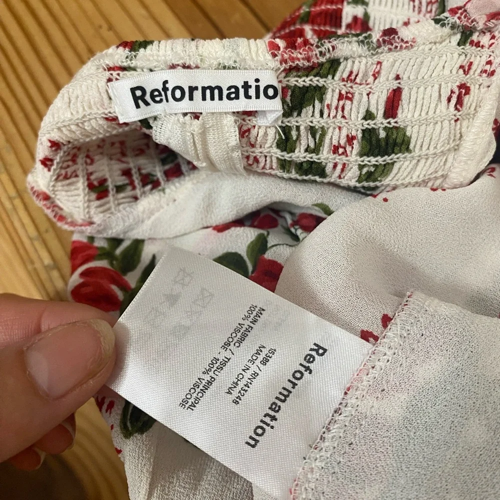 Reformation Cream Floral Sweetheart Top with Red Roses